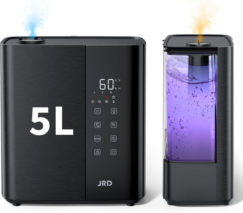 JRD Warm & Cool Mist Humidifiers for Bedroom 5L, Quiet Ultrasonic Air Humidifier Fast Symptom Relief, 50H Runtime, Oil Diffuser, 12H Timer, 7 Color Light for Large Room, Office, Baby, Plants-Black - Image 1